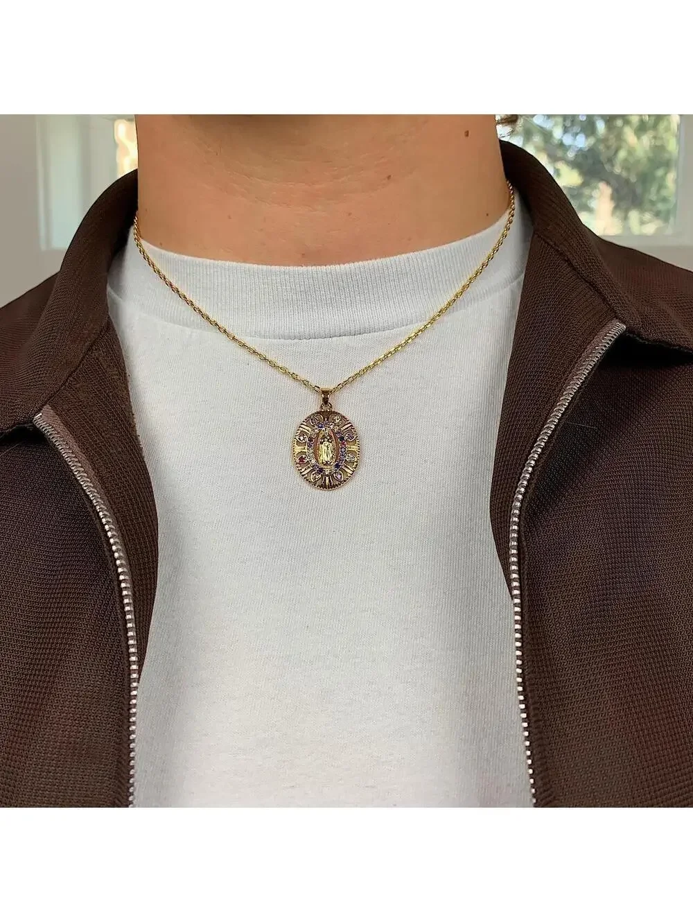 Multi colored rhinestone Saint Marry circle pendant y2k 90s style gold necklace